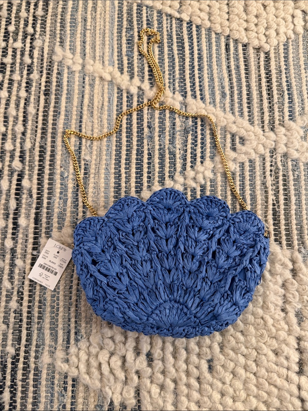 J. Crew Blue Crochet Shell Crossbody with Gold Chain Strap